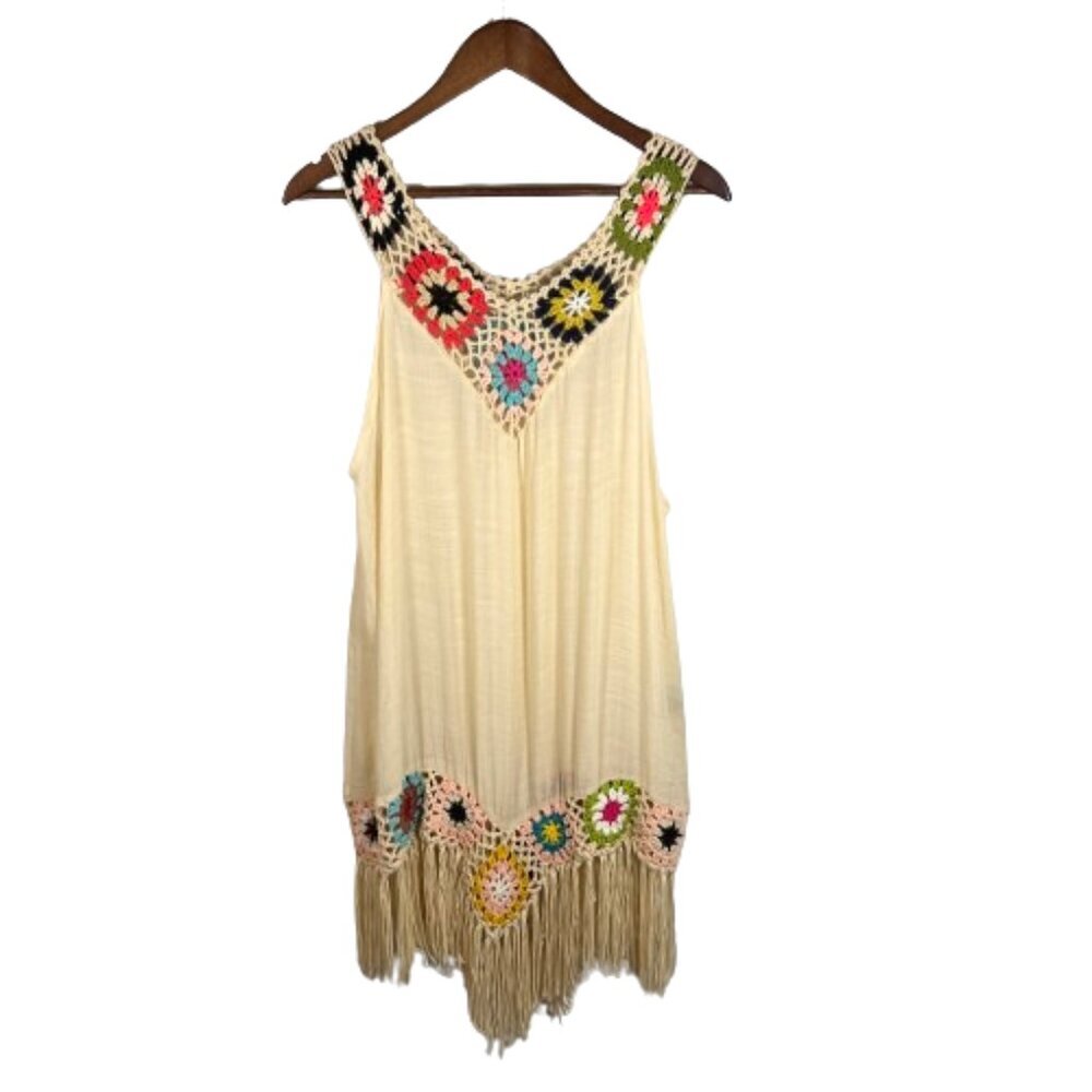 King Swimwear Womens Swimsuit Coverup Medium Crochet Granny Square Fringe‎ Boho